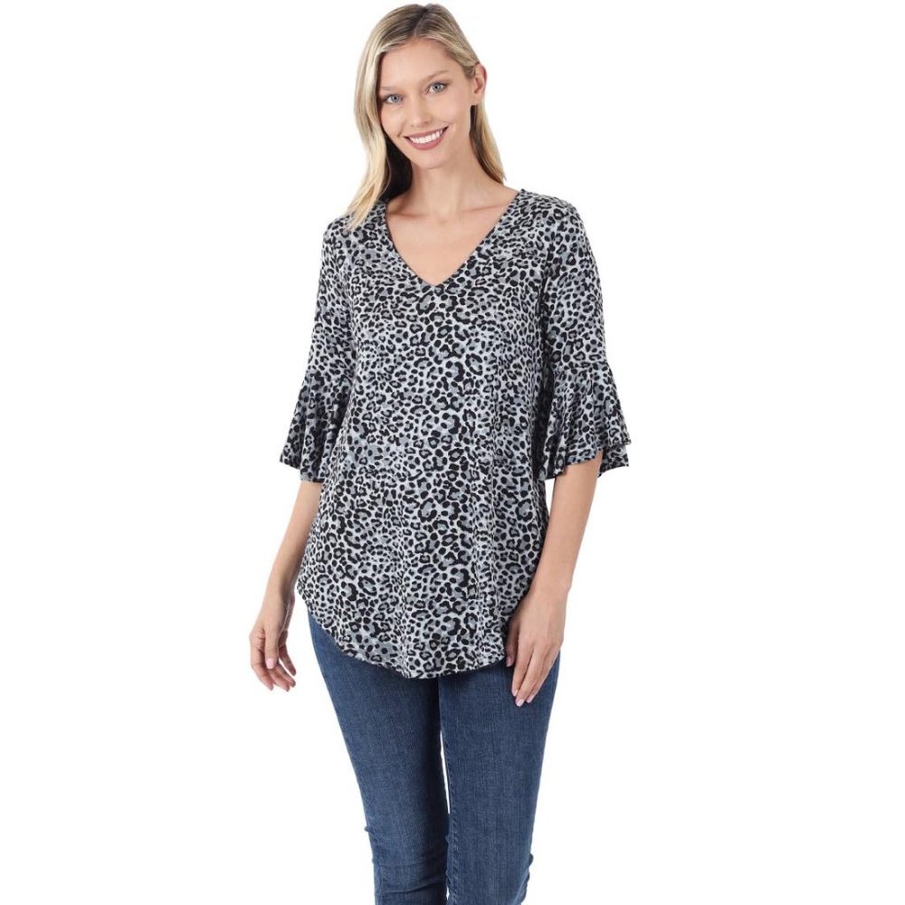 Zenana Leopard Print Waterfall Sleeve V-Neck Top